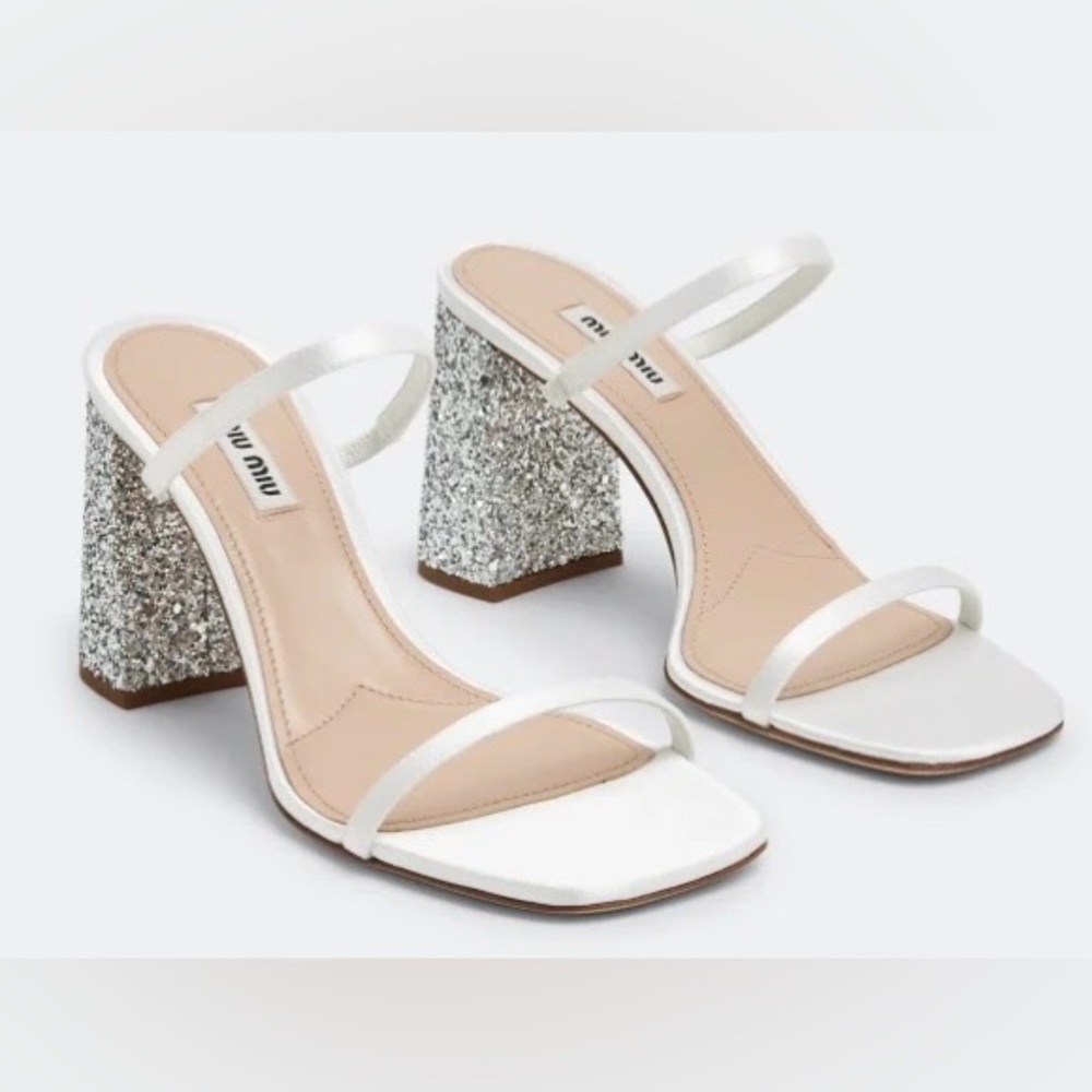 NEW Miu Miu Calzature Donna Glitter Block Heel Slide Sandal White 38.5 8.5 $975